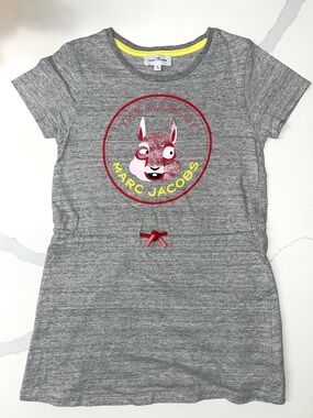 Marc Jacobs Gray Short-Sleeve Mascot Graphic Tee Dress with Red & Yellow Accents